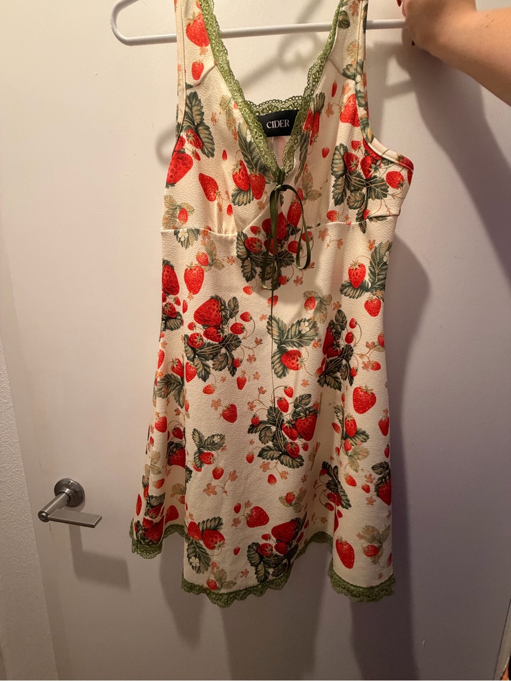 Cider Women’s Strawberry Print Cream Dress with Green Trim